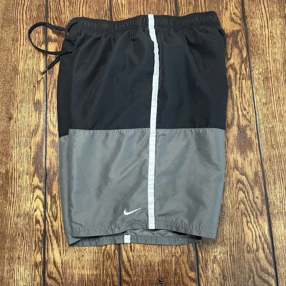 Nike Mens M Swim Trunks Black Gray Colorblock Drawstring Lined Athletic Shorts